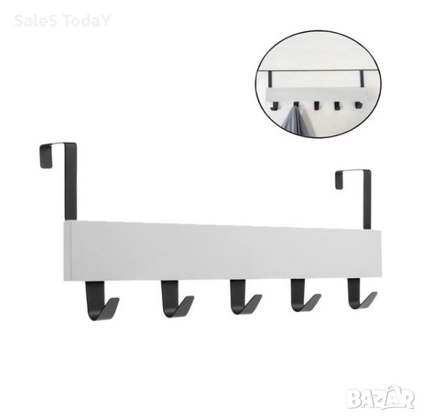 Закачалка за врата, кука, дърво и метал, 5 места, 38x7x16 см , бяла, снимка 1