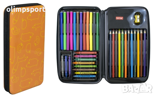 Ученичеси несесер за моливи с цип, метален, комплектован с 12 цветни молива, 12 маслени пастела и 12, снимка 1