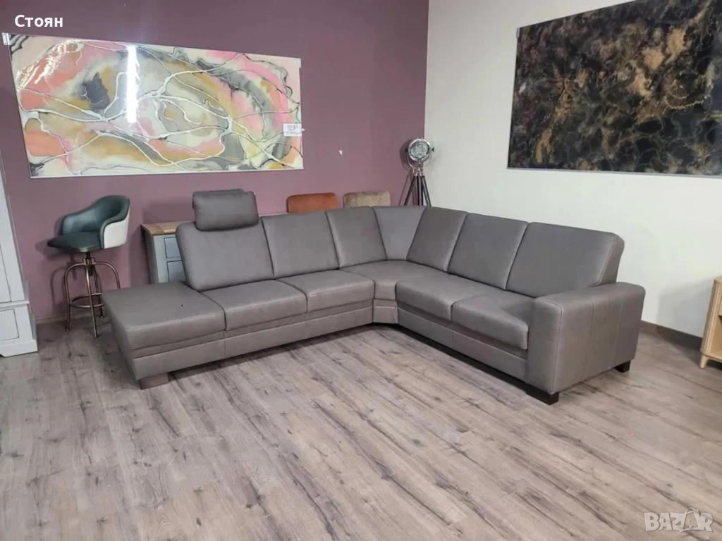 ПРОМОЦИЯ!!! Кожен ъглов диван цвят кафяв Нуга ZE - EM05002, снимка 1