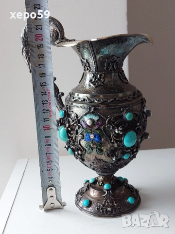 Стара Антикварна Сребърна кана за вода/сребро 925 проба,емайл,тюркуази/чаша,сребро/, снимка 4 - Аксесоари за кухня - 52316145