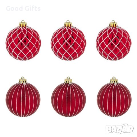 6 броя Комплект Червени коледни топки с декорация, 8см