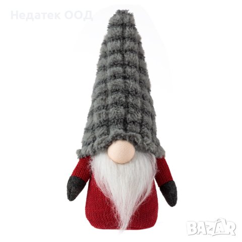 Коледна фигура, Гном  с жакартова шапка 25 см, Червено/ сив