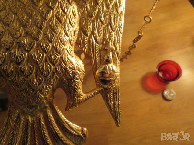 Старинно бронзово руско православно висящо кандило с двуглав орел  и позлата с меч и държава в нокти, снимка 6 - Антикварни и старинни предмети - 35774337