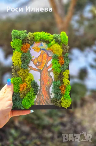 Нежна картина "Mother nature" декорирана с естествен скандинавски мъх, снимка 2 - Картини - 49285290