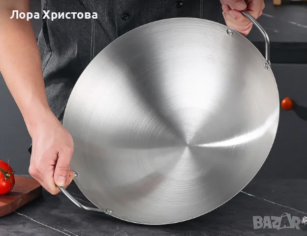Желязна уок тенджера с двойни уши от неръждаема стомана с кръгло дъно, снимка 4 - Съдове за готвене - 48490960