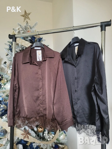 Сатенена риза с дантела в черно и кафяво, снимка 2 - Ризи - 52734892