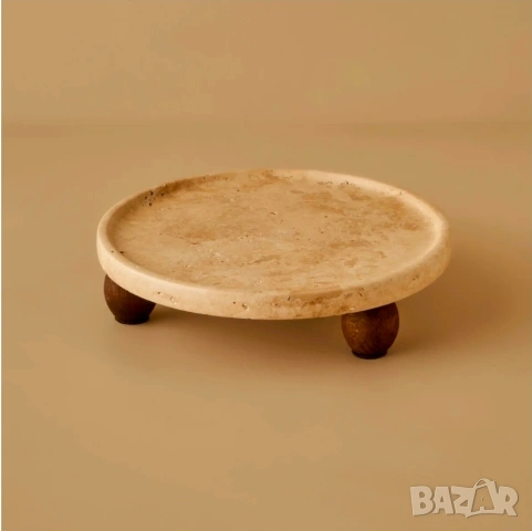 Плато за сервиране от травертин и дърво / Поставка за маса 