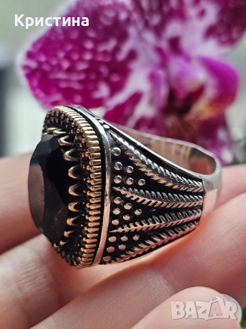Мъжки сребърен пръстен с черен Обсидиан, снимка 3 - Пръстени - 53138826