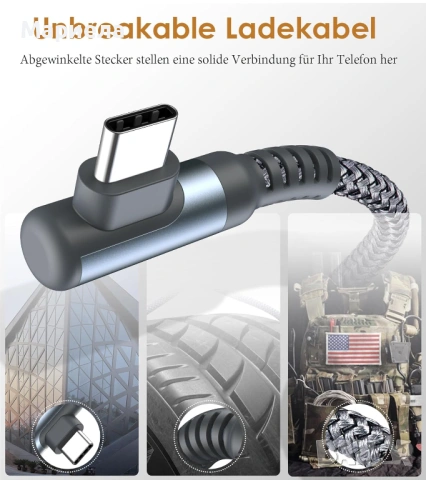AviBrex USB C кабел за зареждане,90° ъгъл, найлонов кабел, снимка 2 - Друга електроника - 53536796