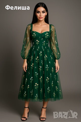 Луксозна Корсетна Бродирана Рокля в Изумрудено Кралско Зелен Цвят с Тюл и Богатство от Цветя 