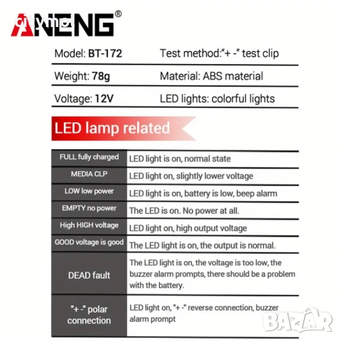 Тестер за диагностика на автомобилни акумулатори, 12V, ANENG BT172, снимка 6 - Аксесоари и консумативи - 52155126