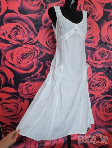 Бяла ленена рокля под коляното ХЛ, снимка 1 - Рокли - 41918493