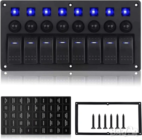 8-Канален Водоустойчив Панел с Превключватели 12V/24V за лодки, кемпери и др.