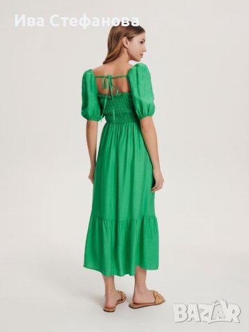 Дълга нова елегантна зелена рокля Reserved буфан ръкав къдри волани , снимка 7 - Рокли - 41203081