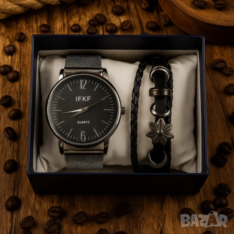 Мъжки комплект – кварцов часовник с метална верижка и стилна гривна в подаръчна кутия, снимка 9 - Бижутерийни комплекти - 51947406