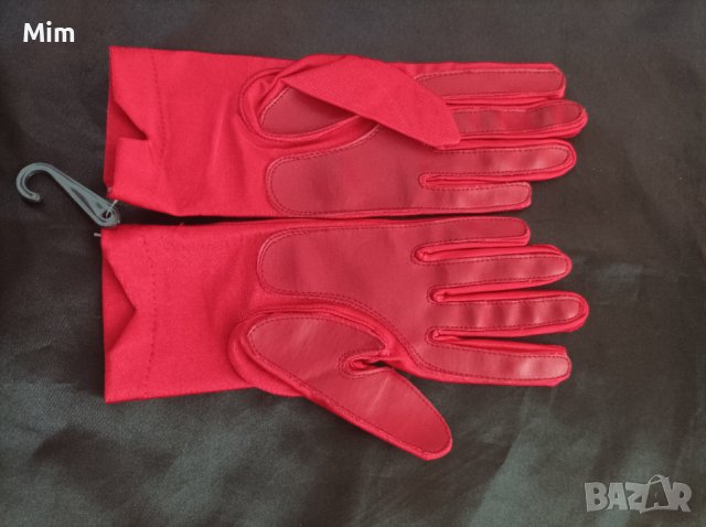 Червени  ръкавици от еластичен сатен и кожа 