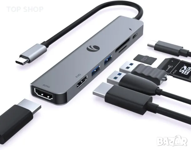 VCOM 7-в-1 USB C хъб, два монитора с 4K HDMI, 1080P HDMI, 2*USB 3.0 данни, PD 100W, SD/TF