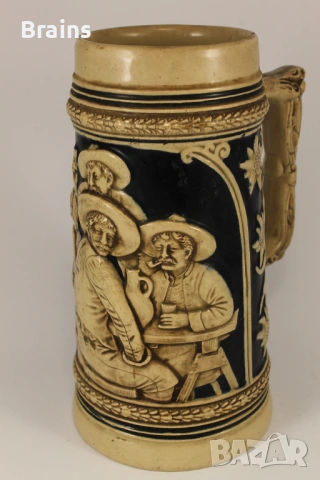 1920's Стара Немска Голяма Керамична Халба Релефна