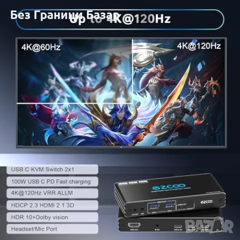 Нов KVM Превключвател 2 Лаптопа 1 Монитор 4K 120Hz USB-C HDMI 2.1, снимка 3 - Друга електроника - 49439577