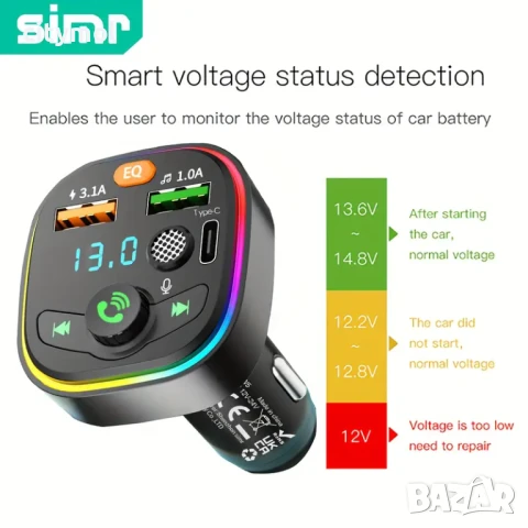 W5 CAR Bluetooth FM трансмитер - 3.1 А, 7 LED светлини, 2xUSB + TYPE C, EQ, волтметър, снимка 2 - Аксесоари и консумативи - 50792055