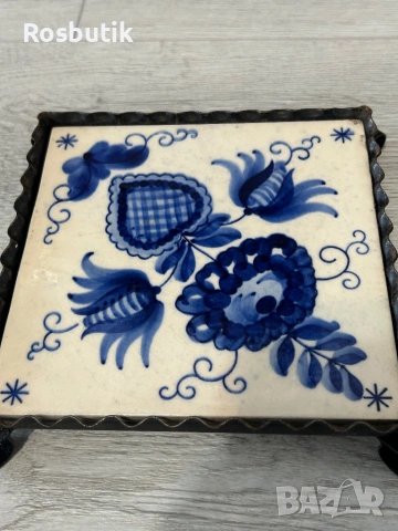 Старинна  поставка за горещо от ковано желязо и керамика , снимка 5 - Други - 53399647