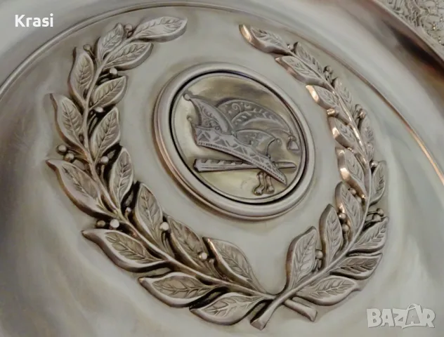 Калаена чиния,пано,калаена сватба,1 кг.,31 см.,гравиране. , снимка 4 - Антикварни и старинни предмети - 47496759