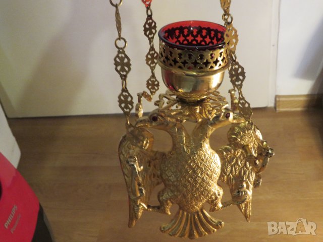 Старинно бронзово руско православно висящо кандило с двуглав орел  и позлата с меч и държава в нокти, снимка 2 - Антикварни и старинни предмети - 35774337