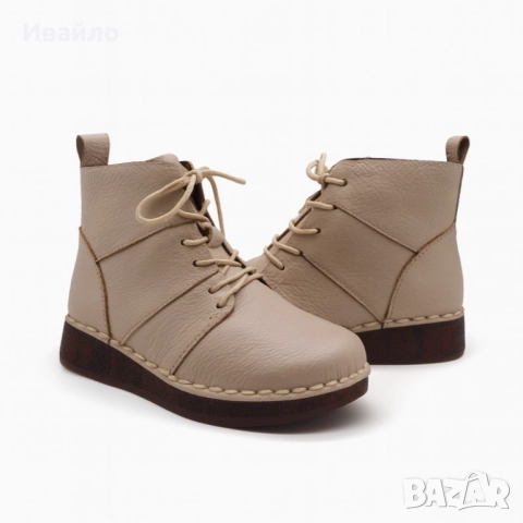 Дамски бежови боти от естествена кожа с връзки и цип, снимка 3 - Дамски боти - 52190065