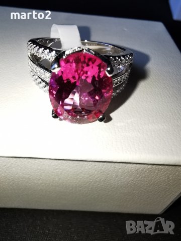 Сребърен 925 Пръстен с родиево покритие и красив натурален Розов Топаз и Циркони!, снимка 5 - Пръстени - 42062878