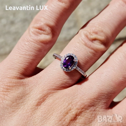 Сребърен пръстен с Аметист с Цирконий , снимка 4 - Пръстени - 53645408