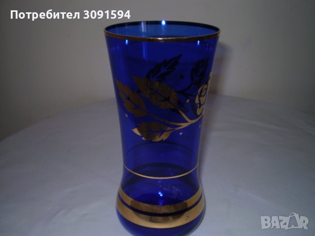 Ретро синя стъклена ваза с златни орнаменти, снимка 3 - Други ценни предмети - 41408508