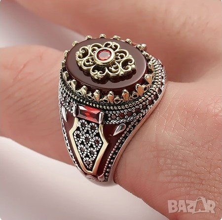 Пръстен с ахат и рубини, позлатен, снимка 4 - Пръстени - 42651235