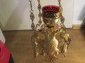 Старинно бронзово руско православно висящо кандило с двуглав орел  и позлата с меч и държава в нокти, снимка 2