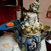 Уникален свещник или бижутерка от чайник ,миди и ангели Mermaid , снимка 4 - Декорация за дома - 38638110