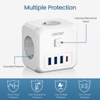 LENCENT Разклонител 7-в-1 3хAC, 3 USB порта и 1 Type C и бутон за включване/изключване, снимка 6 - Оригинални зарядни - 41849699