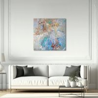 Картина маслени бои на платно "Момиче със забравени цветя", 80 х 80 см, снимка 3 - Картини - 40209100