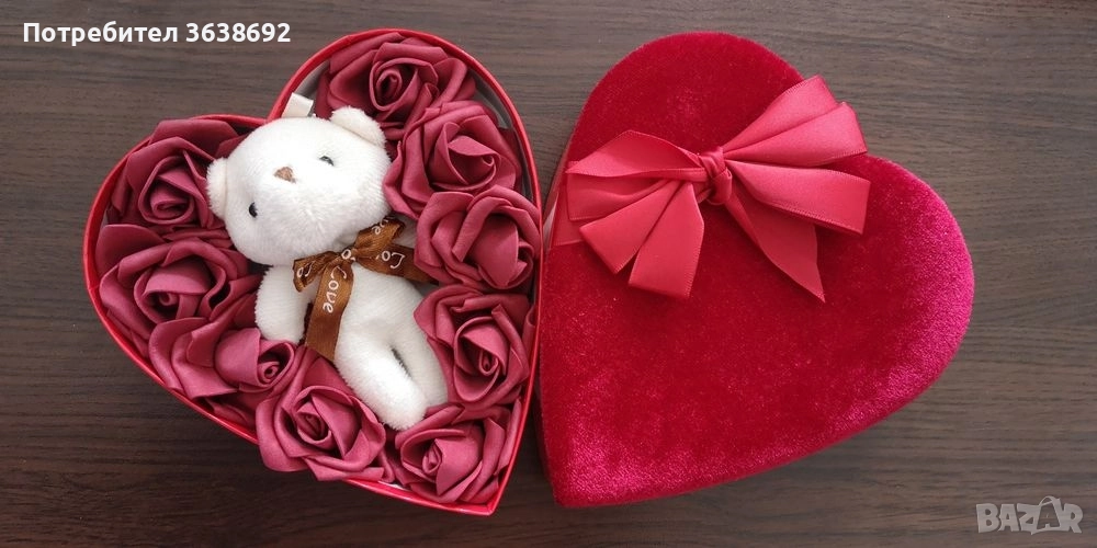 Мече с рози в кутия сърце, снимка 1