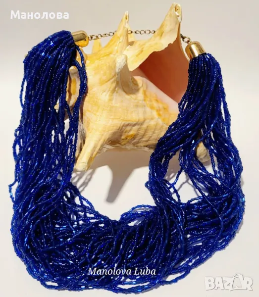 Винтидж ръчно изработено колие с множество нишки кобалтово сини стъклени мъниста., снимка 1