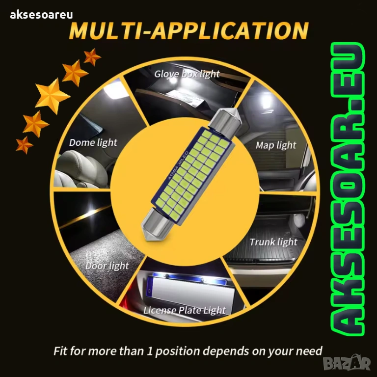 1 бр. Автомобилни сулфидни крушки 12V 39 mm с 36 LED диода ледено сини интериорни светлини за плафон, снимка 1