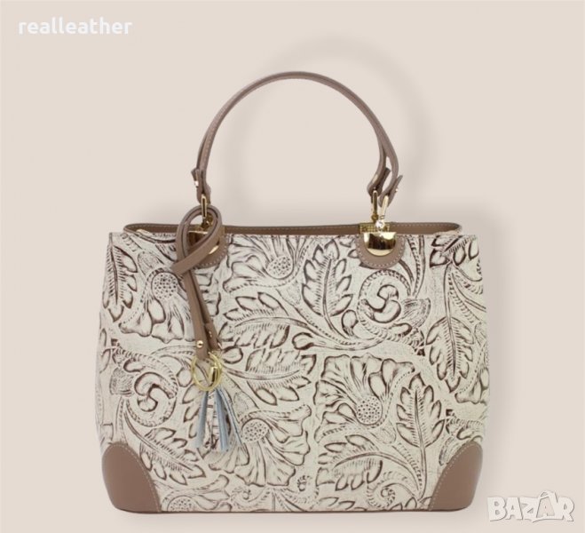 Дамска чанта от естествена кожа в цвят бежово и визон, снимка 1