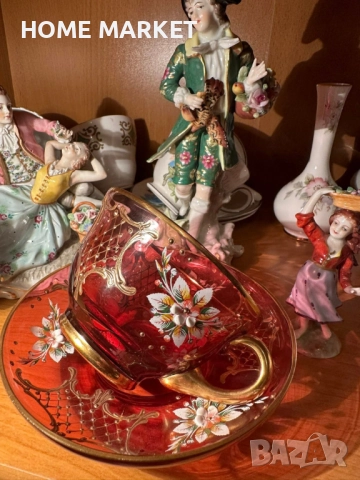 EGERMANN BOHEMIAN RUBY RED CRYSTAL Cup and Saucer - невероятно красив и стилен двоен сет , снимка 11 - Антикварни и старинни предмети - 52638785