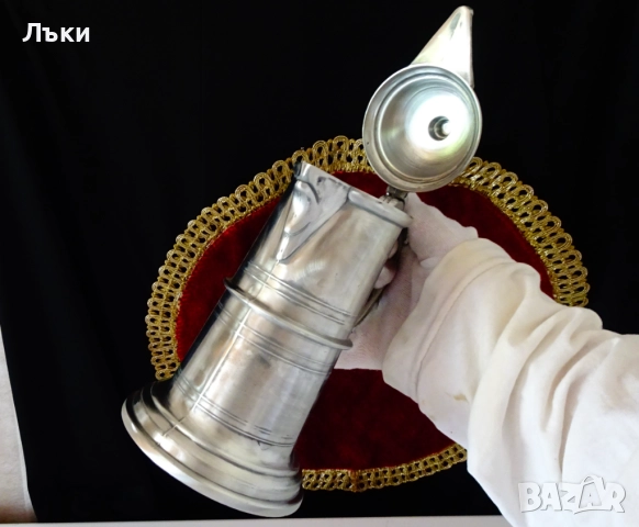 Кана от калай,калаена кана с капак,средновековен дизайн. , снимка 8 - Антикварни и старинни предмети - 51515248