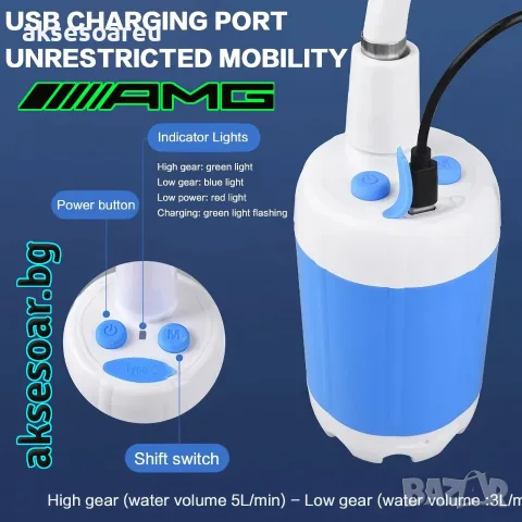 Нова Преносима плажна  къмпинг душ помпа с 2 м. маркуч 4000 mAh подобрена акумулаторна електрическа , снимка 2 - Палатки - 56021493