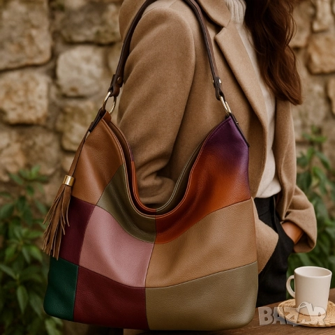Универсална многоцветна дамска чанта хобо с пискюл, снимка 4 - Чанти - 51865301