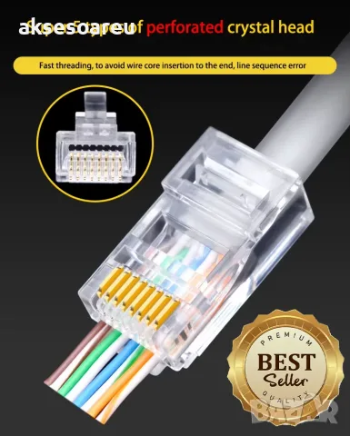 Комплект от 50 броя RJ45 CAT6/CAT5e конектори тип „Pass-Through“ (преходни) – позлатени 8P8C модулни, снимка 12 - Кабели и адаптери - 56224863