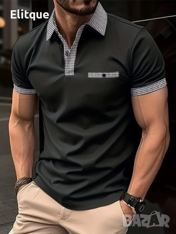 Мъжка ежедневна карирана риза с ревер,4 копчета,винтидж стил и къс ръкав