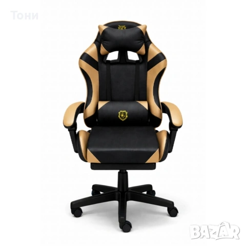 Геймърски стол с масажна функция, лумбална възглавница и поставка за крака – Черен-златист, снимка 6 - Столове - 53448895