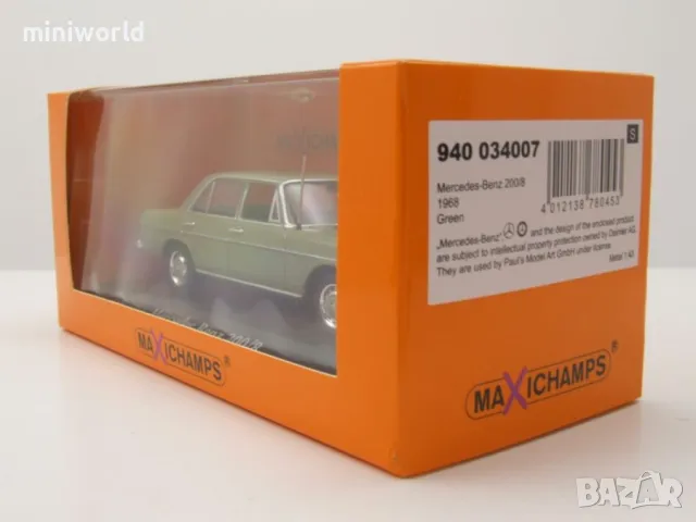 Mercedes-Benz 200 /8 Strichacht 1968 - мащаб 1:43 на Maxichamps моделът е нов в PVC дисплей-кейс, снимка 18 - Колекции - 50010947