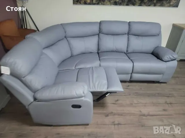 Сив кожен ъглов диван с релаксиращ механизъм от изкуствена кожа, снимка 3 - Дивани и мека мебел - 47710438
