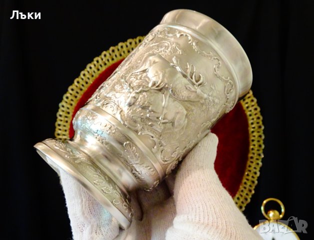 Бокал от калай с ловец и елени 10 см. , снимка 4 - Антикварни и старинни предмети - 41694858